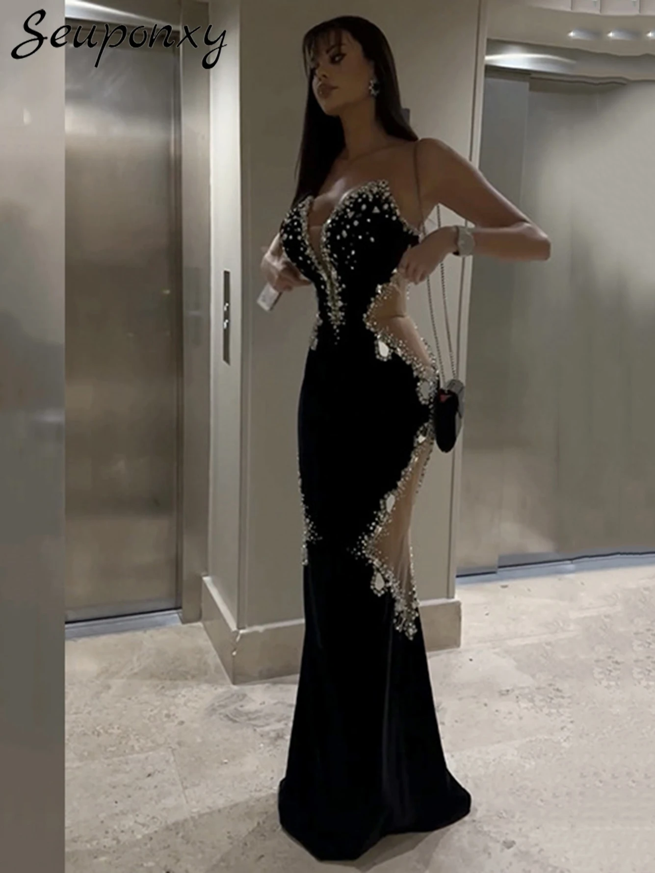 

High Quality 2024 New Women'S Sexy Strapless Backless Diamond Crystal Mesh Bandage Long Dress Elegant Club Party Dress Vestidos