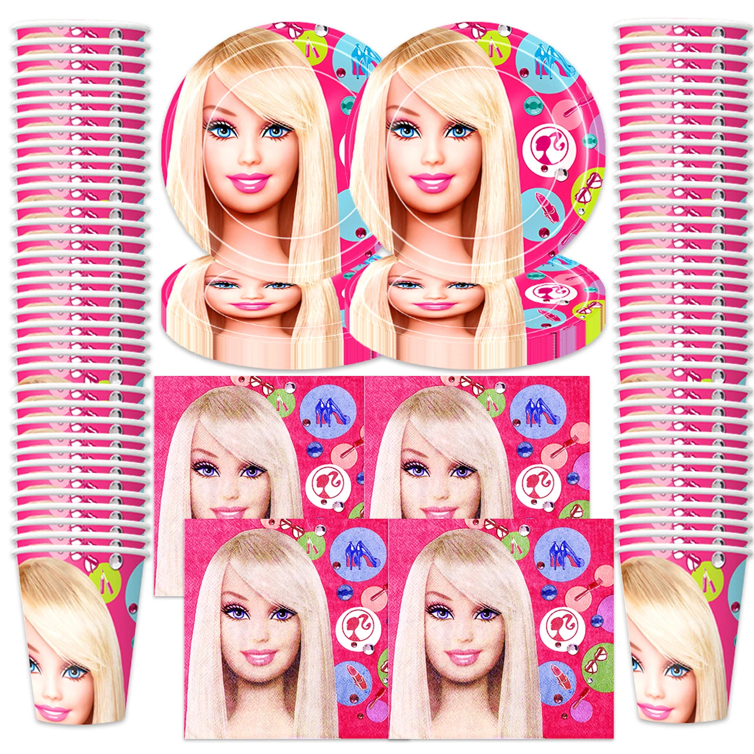 60pcs/lot Kids Girls Favors Decorate Barbi Theme Cups Plates Dishes Napkins Happy Birthday Events Party Tableware Set