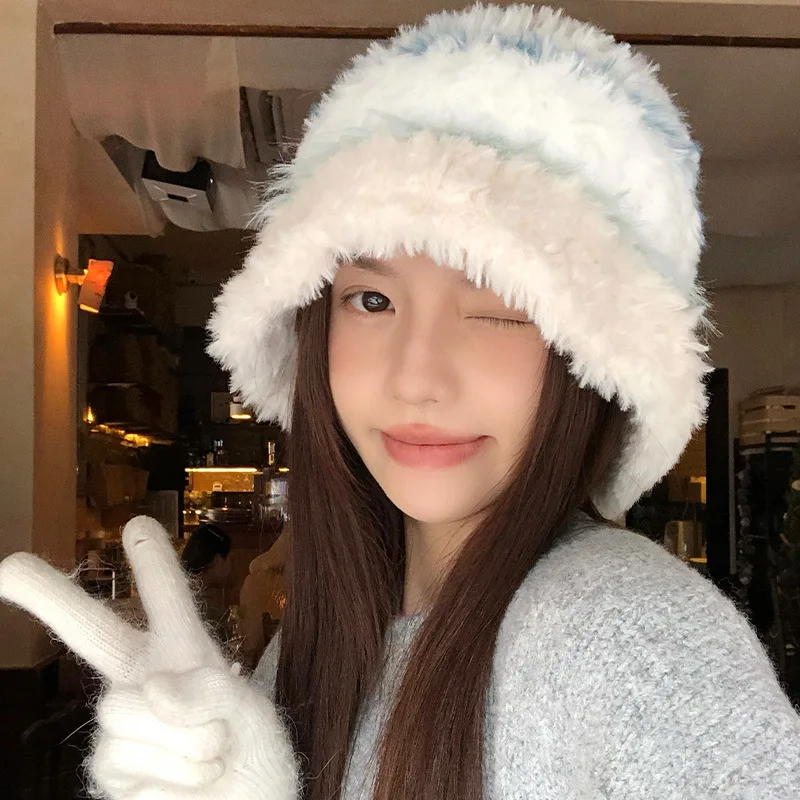 Fischerhut mit großem Kopfumfang für Damen – koreanisch inspirierte Fuzzy-Gesichts-Schmeichelhafte Strickmütze mit warmer Ohrenklappe für Herbst und Winter