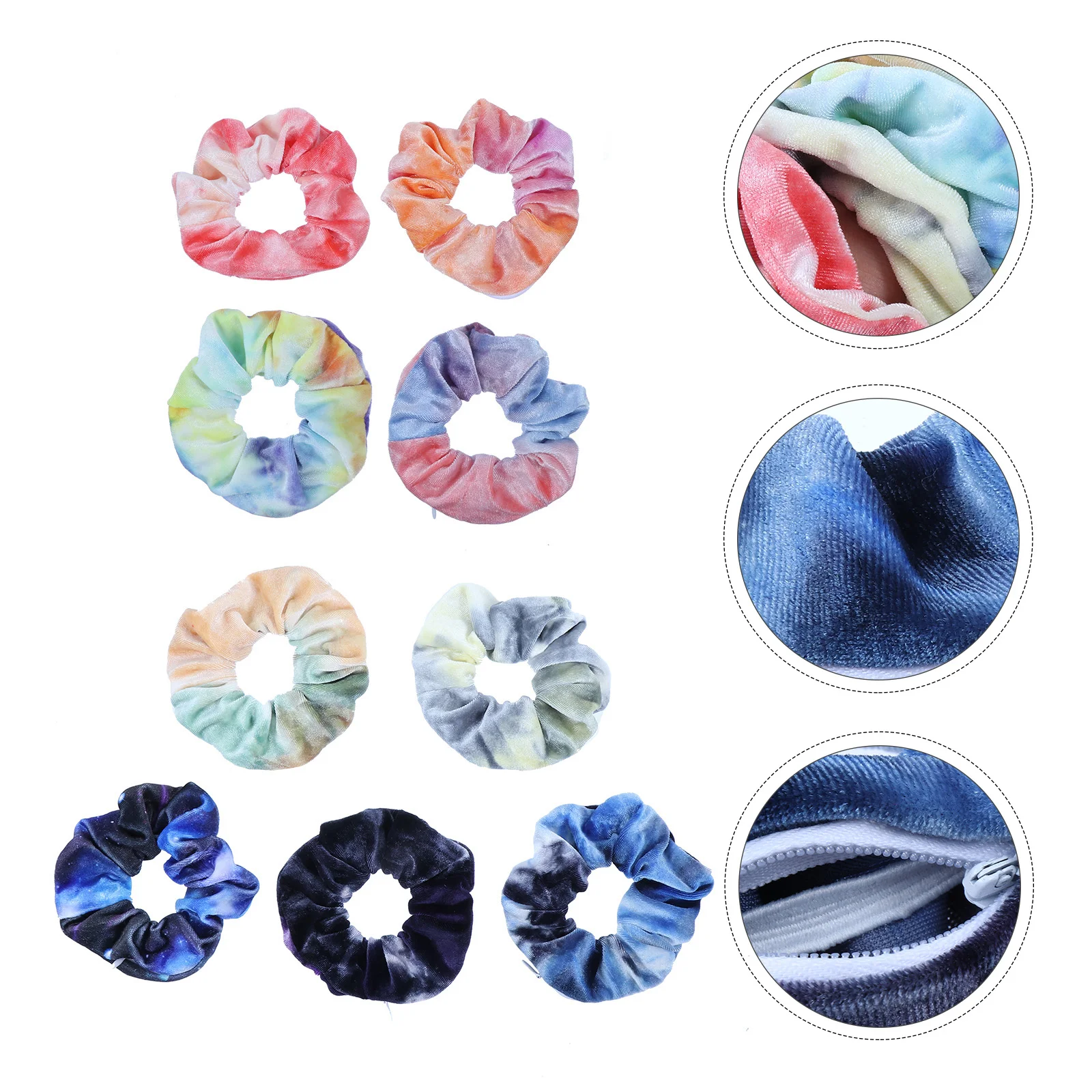 9 Pcs Zipper Loop Hair Ties Ropes Elastic Ponytail Hidden Pocket Fabric Accessories