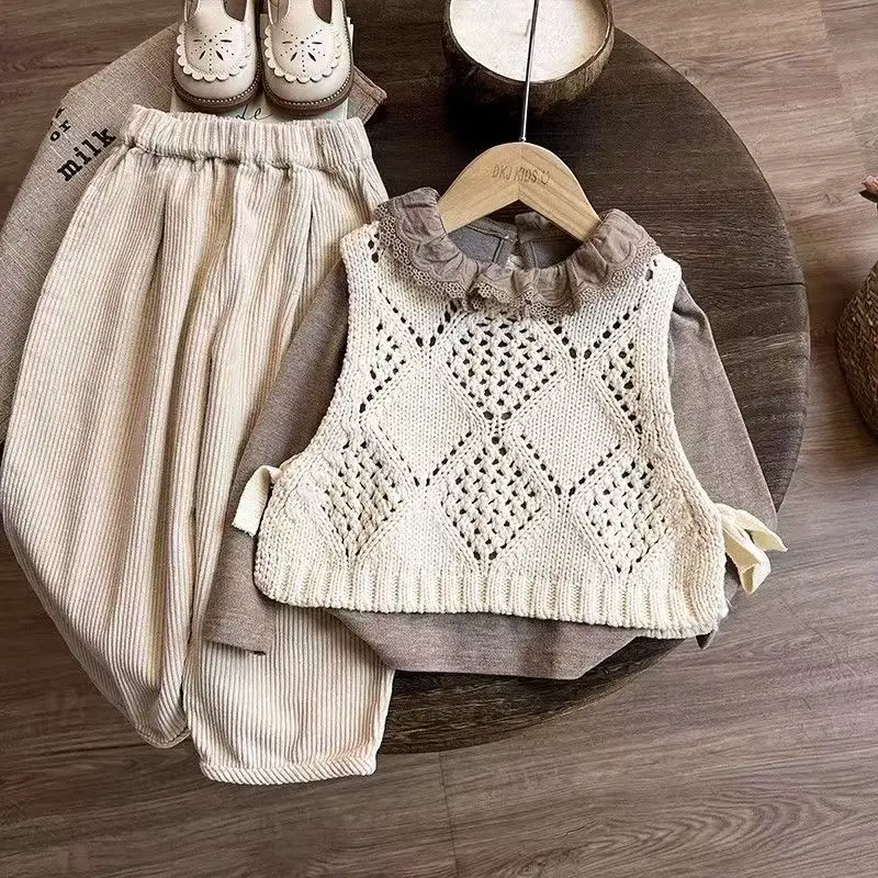 Girls' Knitted Vest Set Autumn New Fashionable Retro Children's Baby Girl Loose Pants Undercover 3-Piece Set