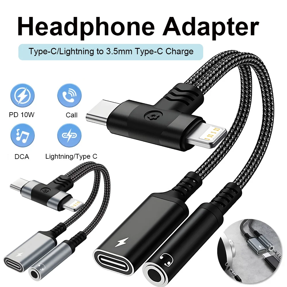 Adapter 2 w 2 Lightning/USB Typ C na 3.5mm Gniazdo Audio Aux do Słuchawek z Funkcją Ładowania PD dla iPhone 15…