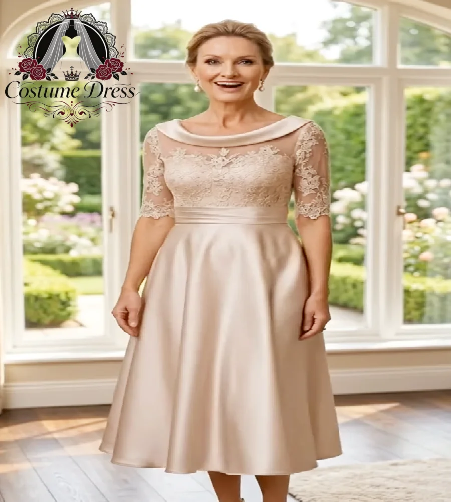 Champagne Satin Mother of The Bride Dress Lace Elbow Sleeve Cowl Neck Tea Length Midi Formal Wedding Guest Evening Party Gown