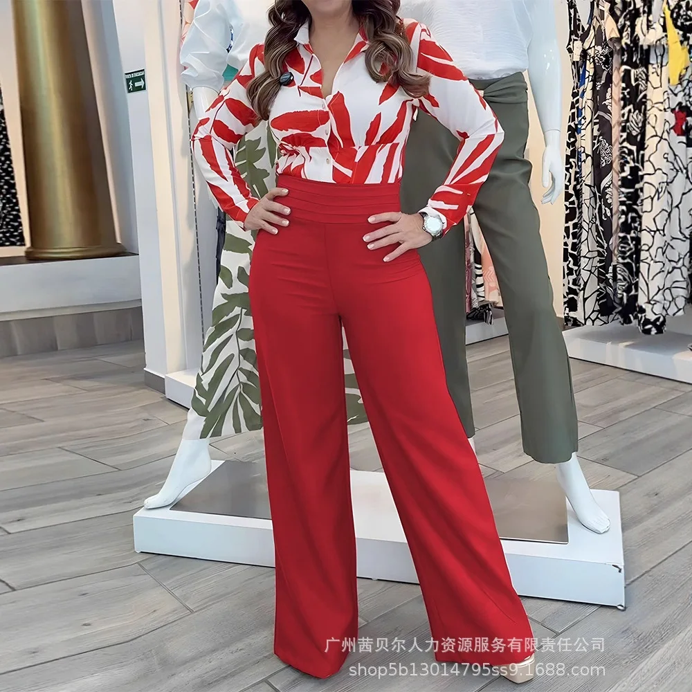 

Floral Print Turn-down Collar Long Sleeve Blouses and Casual High Waist Zipper Pants Set