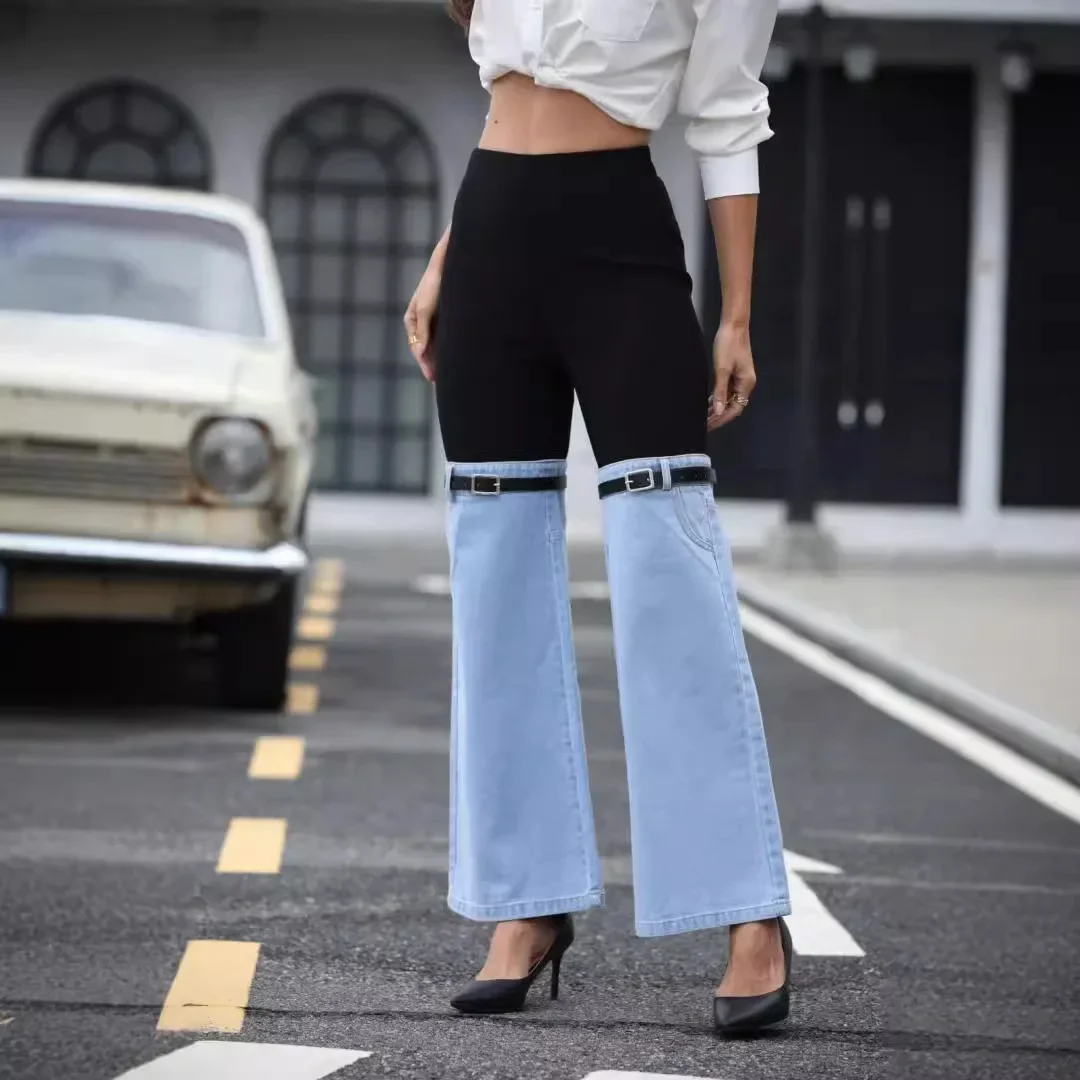 Women\'s Autumn New Fashion Knit Elastic Waist Patchwork Denim Wide-leg Pants, Temperament Commuter Casual Slim-fit Long Pants