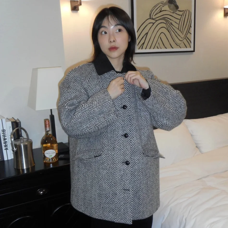 معطف صوفي من Thiened مع ياقة مدببة ونمط تويد من القطن للنساء للتنقل طويل Sve #2