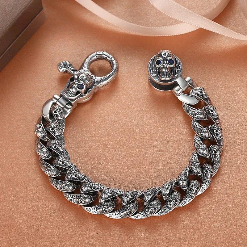 925 Silver Graffiti Bracelet Fashion Male Personality Retro Skeleton Head Bracelet Dark Black Hip Hop Gift for Boyfriend
