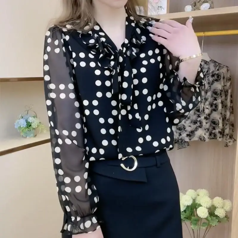 2023 Spring and Summer Commuting Simple Retro Hong Kong Style Dot V-Neck Bow Long Sleeve Loose Casual Versatile Women\'s Shirt