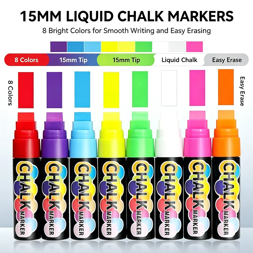8 Colors Neon Liquid Chalk Marker 10mm/15mm Tip Wet Erasable Washable Chalk Pen for Blackboard Chalkboard Glass Window