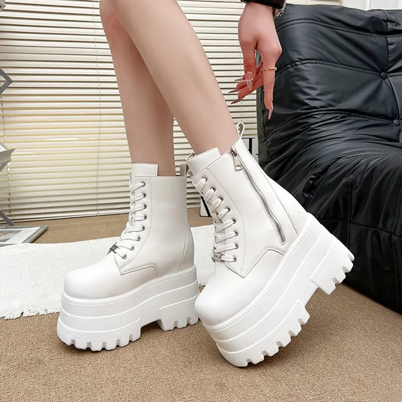 13CM Ankle Booties Shoes Punk Natural Boots Women Motorcycle Boots Platform Ladies New Fashion Botas Winter Autumn Plus Size 44