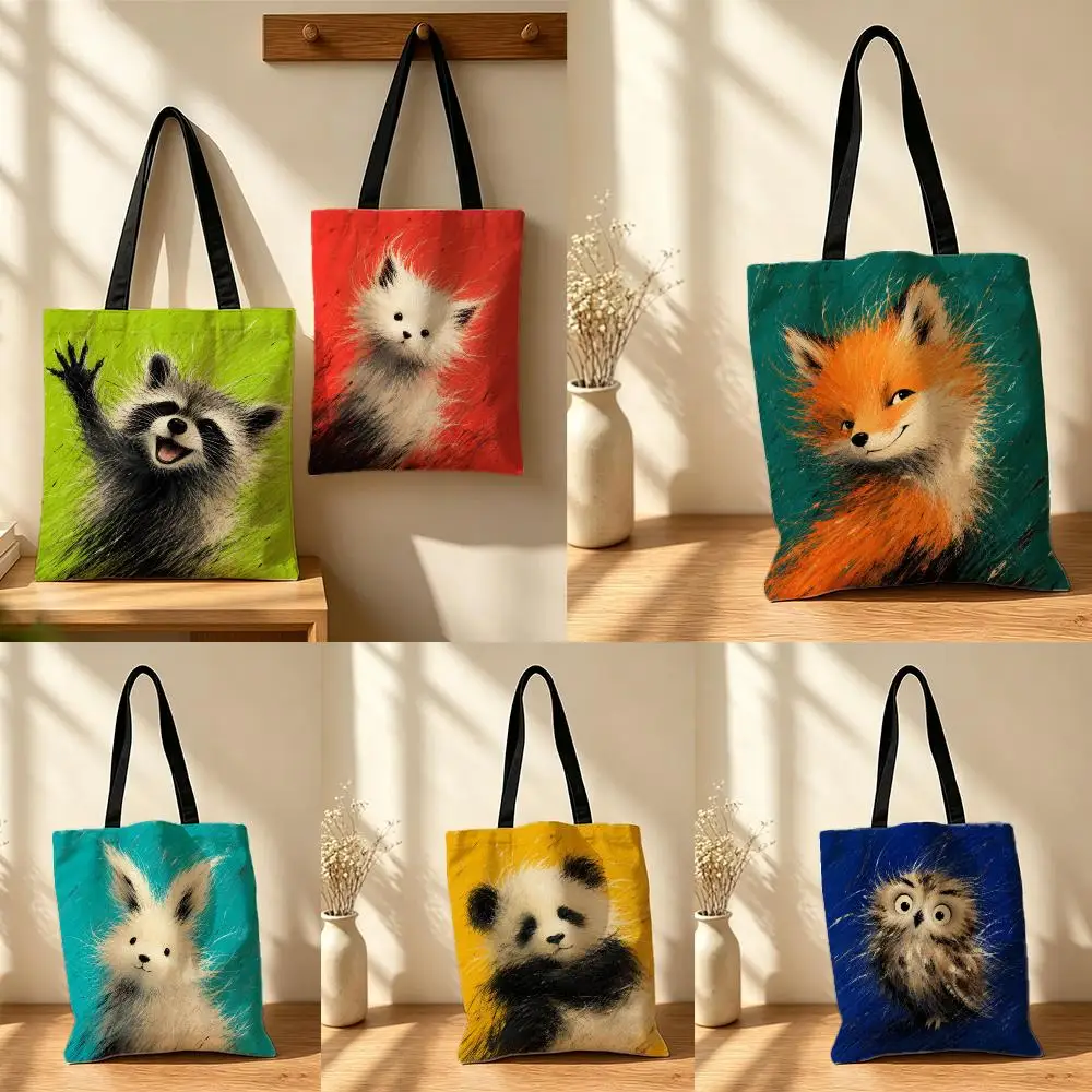 pattern Cute animals Storage Bags Canvas Tote Bag Minimalist Casual Spacious for Shopping Travel and Gift