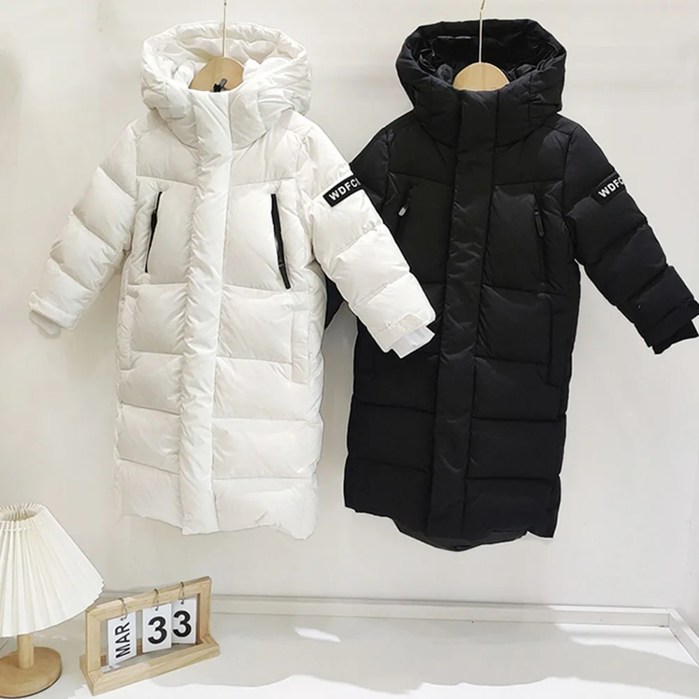 2022 New Children\'s Mid-Length Down Jackets Boys Girls Loose Thick Long Parkas Fashion Stand Collar Hooded Kids Winter Jackets