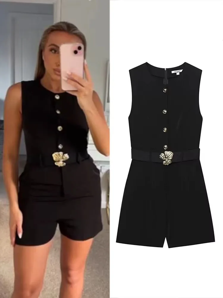 

HH Female Summer Black O-Neck Buttons Zipper High Street Sleeveless Jumpsuits Women's Fashion Belt Decoration Jumpsuits