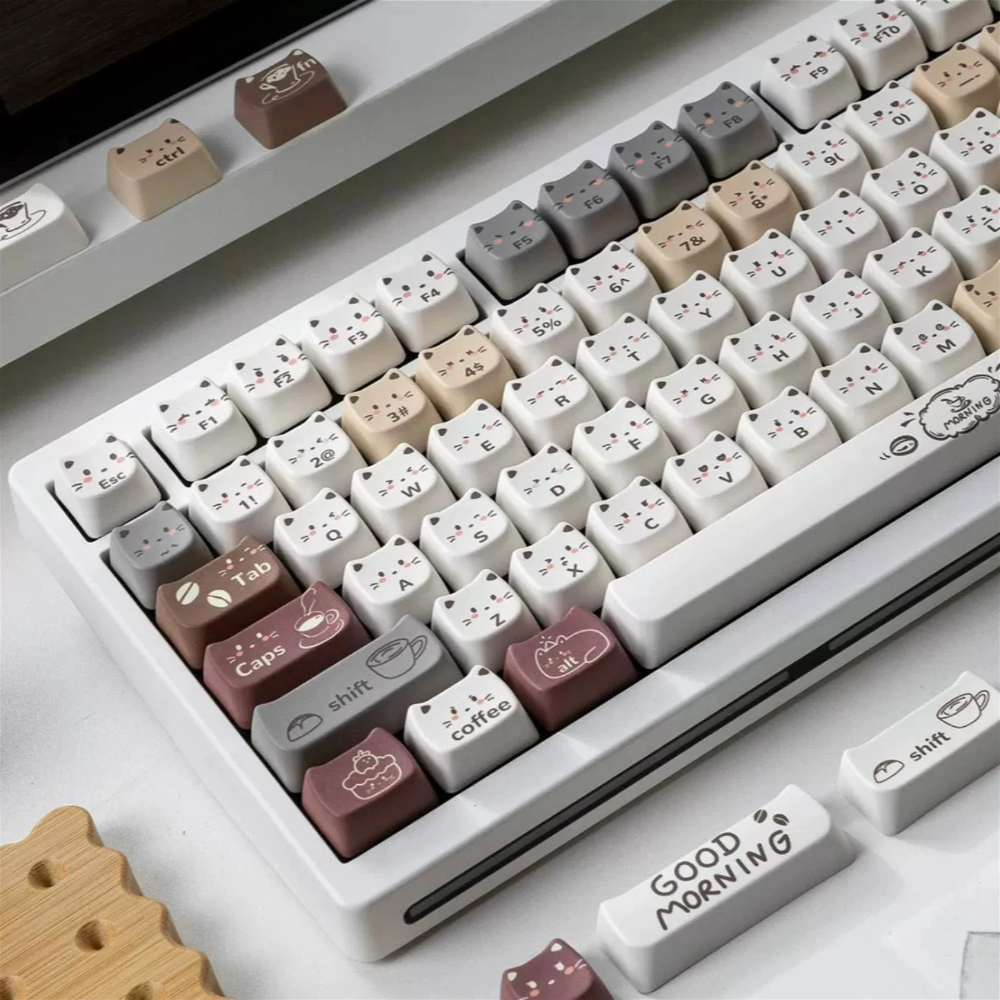 

132 Keys Cute Coffee Cat Keycaps MOA Profile PBT Material for 61-108 Keys Mechanical Keyboard