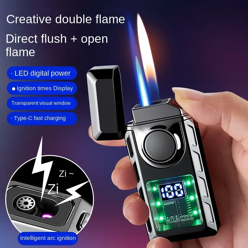 Smart Dual Flame Color Light Visible Inflatable Windproof Turbine Torch Lighter USB Rechargeable Cigar Cigarette AccessoriesGift