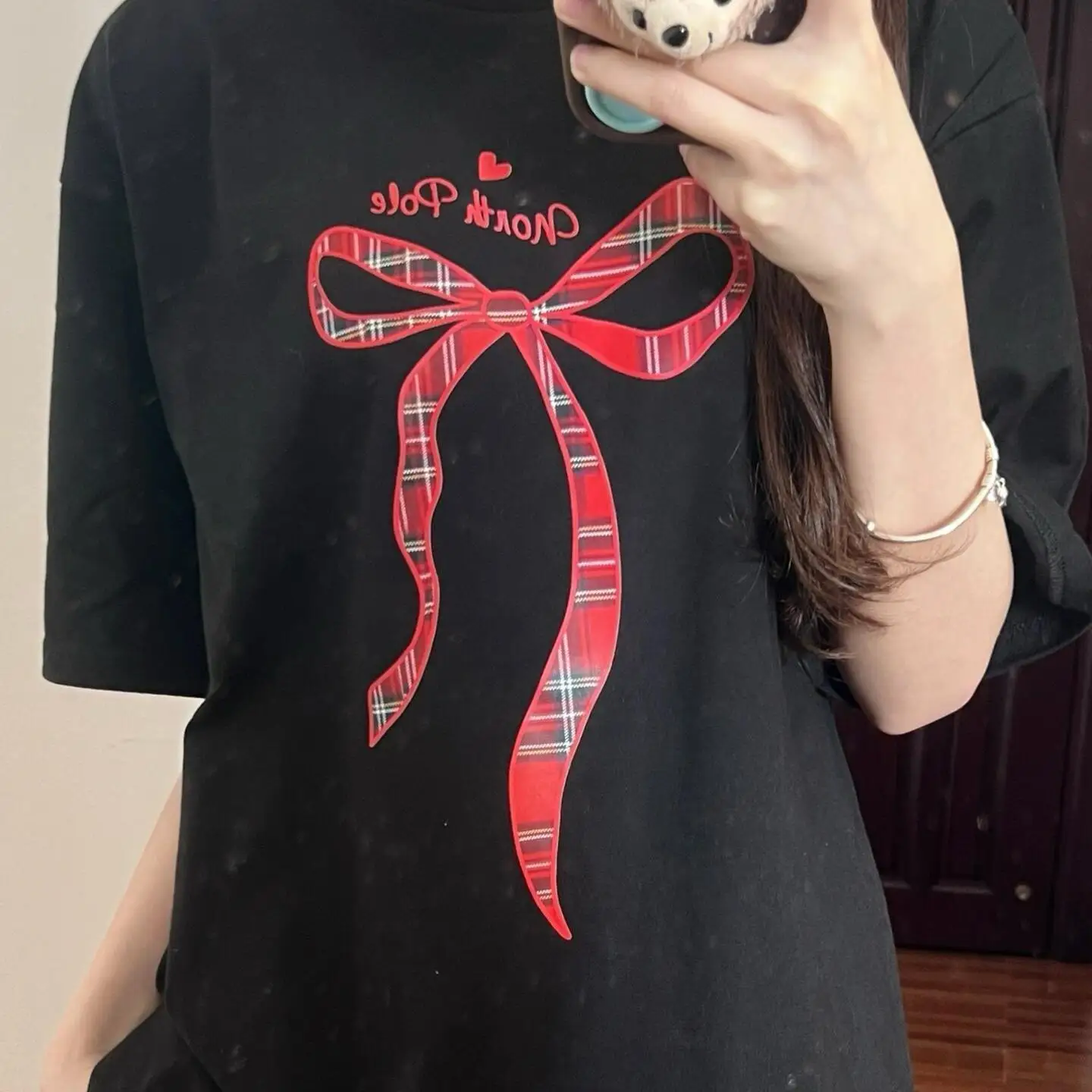 

Street American Ins Bow Printed T-shirt Summer Y2k Loose Round Neck Personalized Street Clothing Hip-hop New Half-sleeved Top