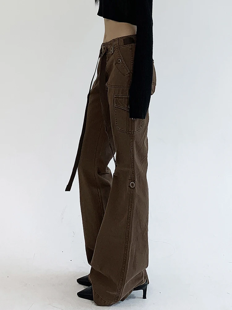 Weekeep Low Rise Brown Jeans Streetwear y2k Slim Flared Jeans Harajuku Elastic Slim Denim Cargo Pants Vintage Women 2000s Capris