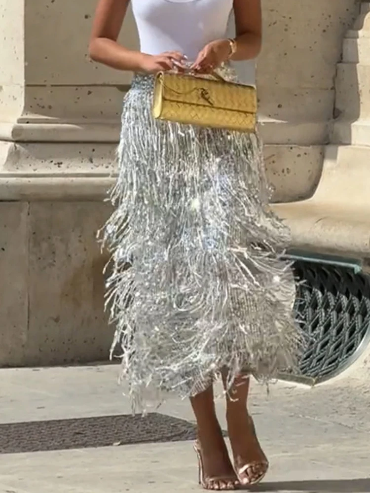 2026 Modischer Fransen-Pailletten-Slim-Fit-Maxirock für Damen – Eleganter, hochtaillierter, einfarbiger Partyrock mit sexy Seitenschlitz