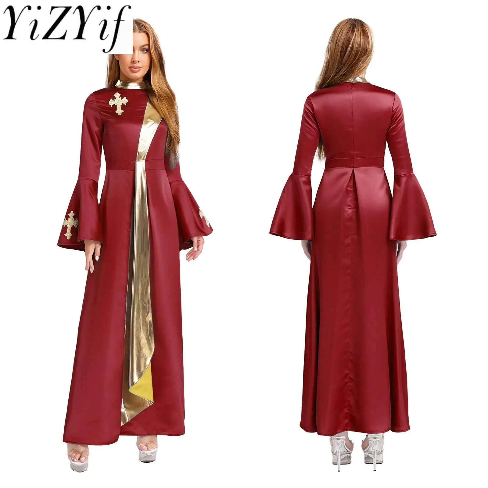 

Women Jesus Christianity Cross Embroidery Robe Dress for Preacher Churchman Metallic Tunic Dress Cassock Halloween Cosplay Robes