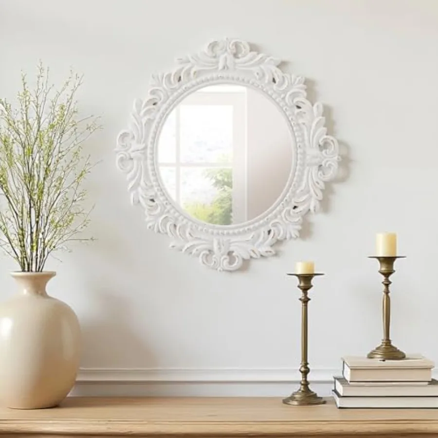 

Vintage Circle Small Wall Mirror 24 Inch, Hanging Handmade Distressed White Carved Fleur De Lis Decorative Round Wood Antique M