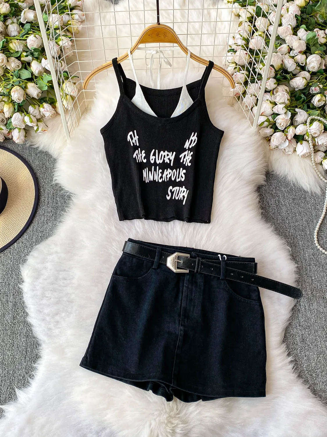 

Sexy Knitted Crop Top And orts Set Women's Letter Print Vest And Denim Skirt Two-Piece Suit V-Ne Svel Summer Faion