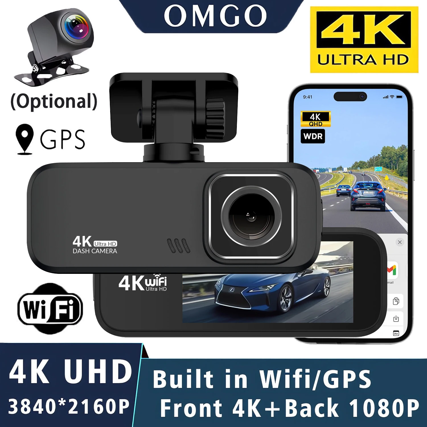 4K UHD Recording Dash Cam Video Recorder Car Camera DVR Night Vision Wi-Fi GPS 24H Parking Mini Front Rear Black Box Monitor