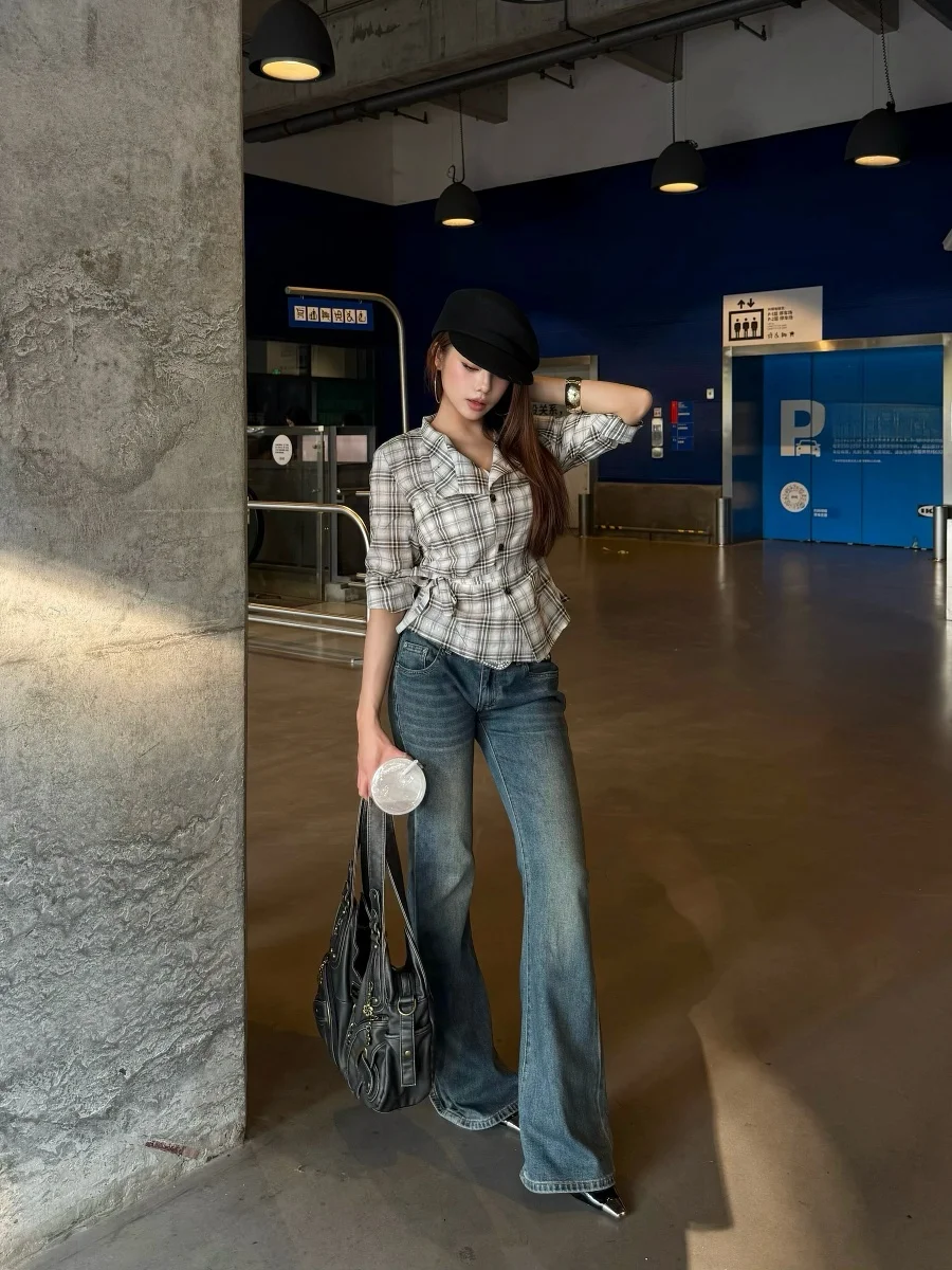 

Caiii Retro Waed Low Waist Bell Bot Jeans Women Slimming Lengthening Millennium Sle Long Pants Soft Cotton Breathable