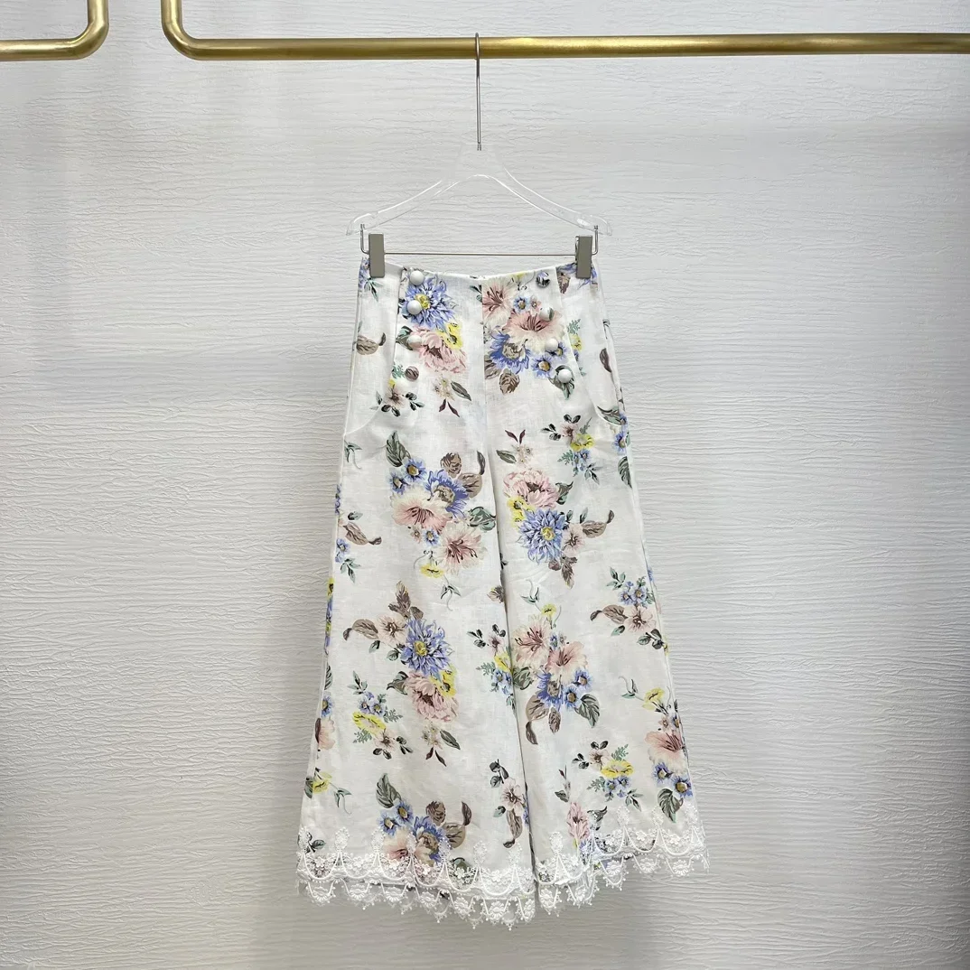 

Blouse Tops and Wide Leg Pants for Women Ramie Floral Print Hollow Out Embroidery Lace Patchwork Loose High Quality