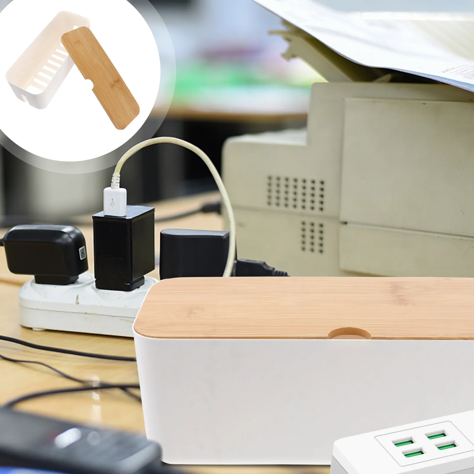 

White Plastic Cable Organizer Box Large Power Strip Storage Case Wooden Cover Cable Management Household Cord Hider Box for Safe