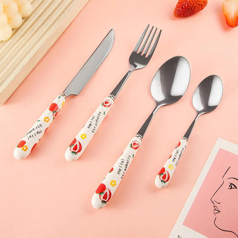 Stainless Steel Tableware Cute Cartoon Girl Heart Strawberry Ceramic Handle Main Dinner Knife Fork Spoon Kitchen Items