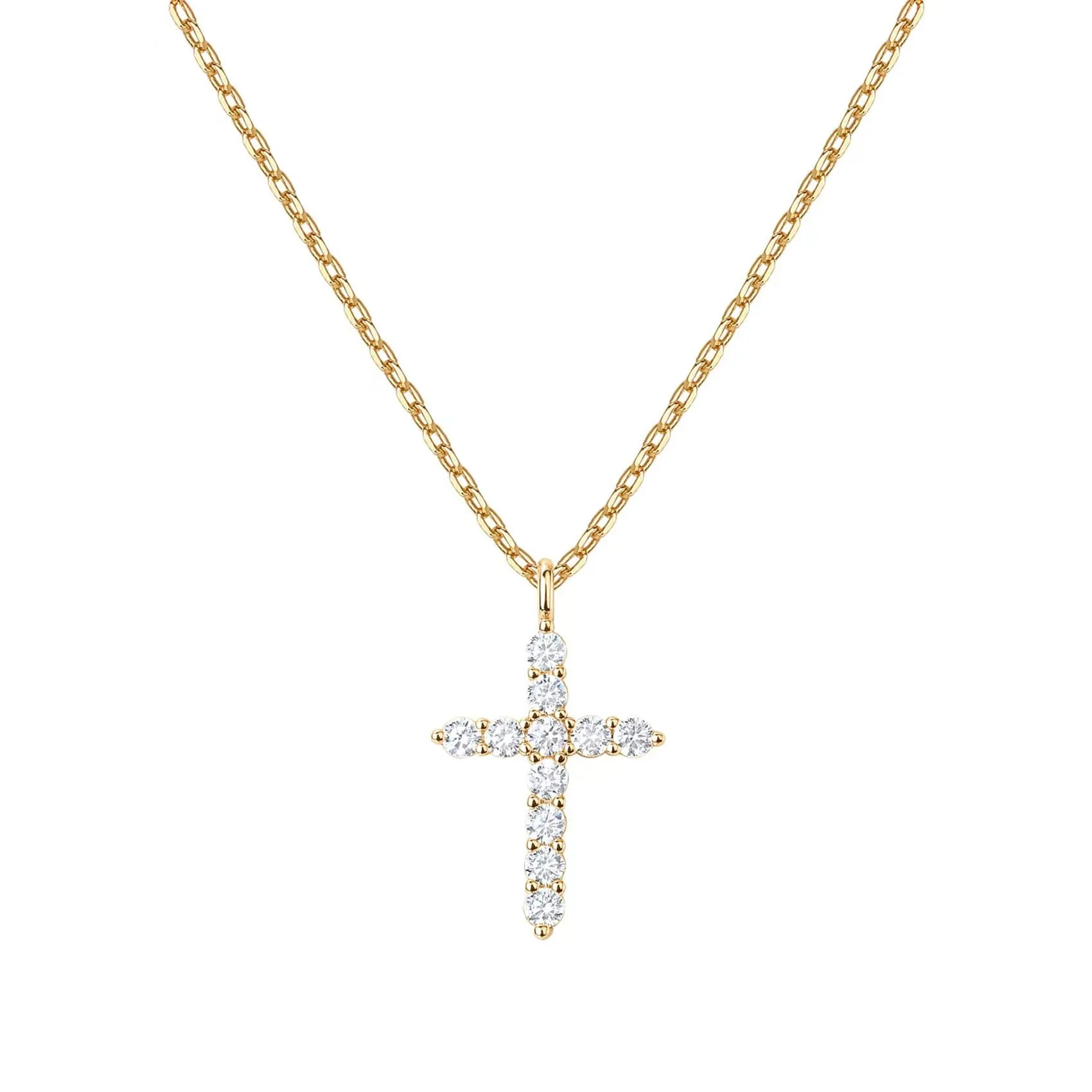 Copper cross pendant necklace with electroplated gold or silver finish • O-chain design • Rotatable crown motif • 41–50 cm adjus