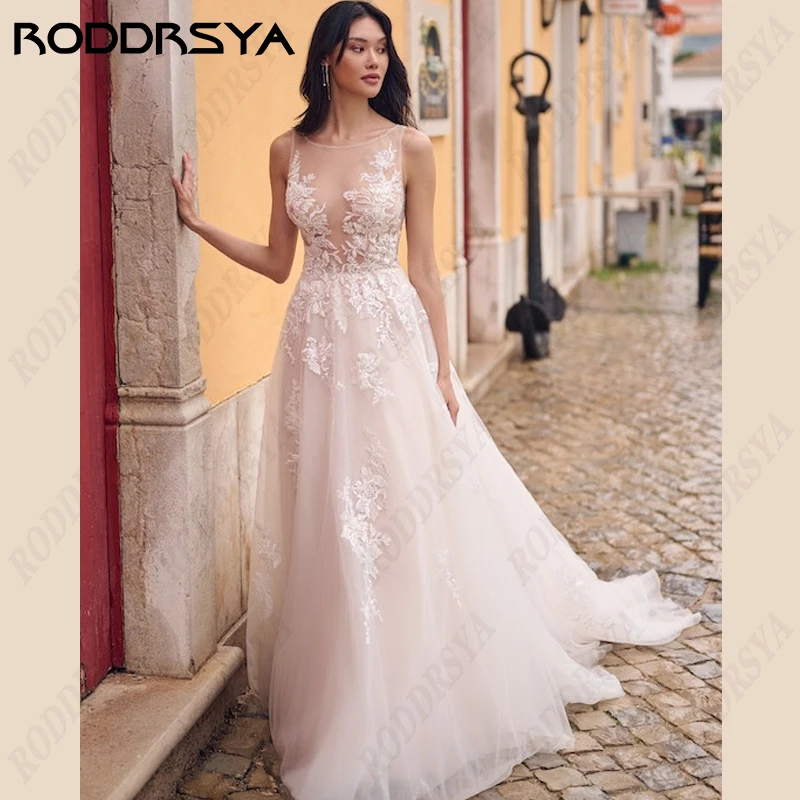 RODDRSYA Elegante A-lijn trouwjurk voor dames Boho-applicatie met ronde hals en bruidsjurk illusie knoop achterkant kant de Mariée Elegante A-lijn trouwjurk voor dames Boho-applicatie met ronde hals en bruidsjurk illus