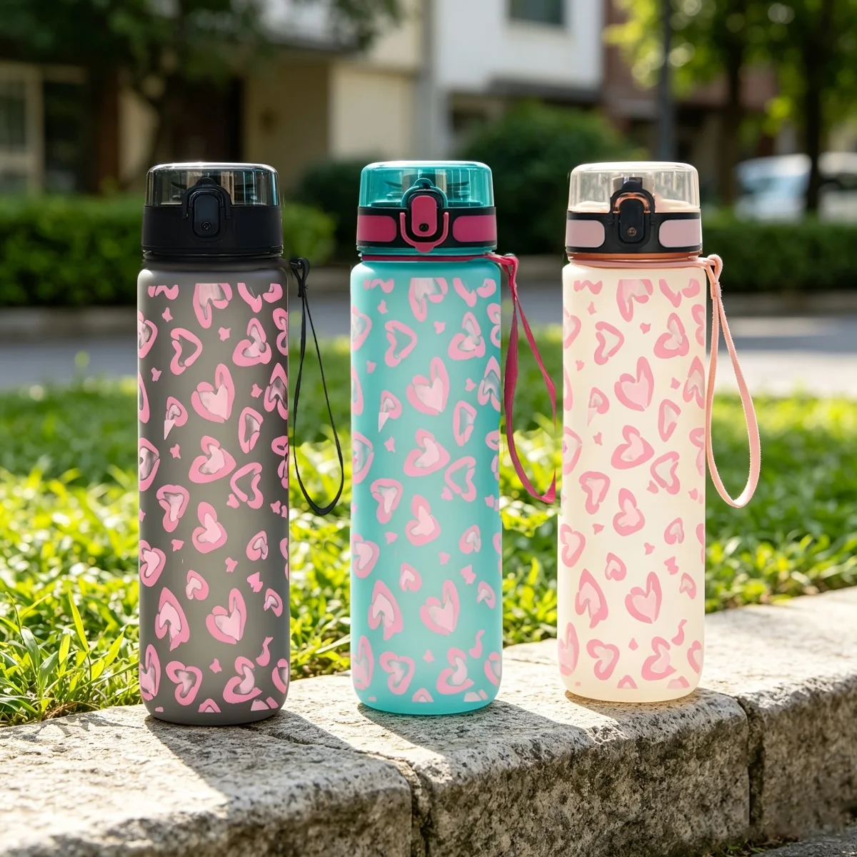 1Pc 750ml Heart Print Water Bottle, Leakproof Flip Top Sports Bottle with Lanyard, Portable Travel Gym Drinking Cup for Women Gi