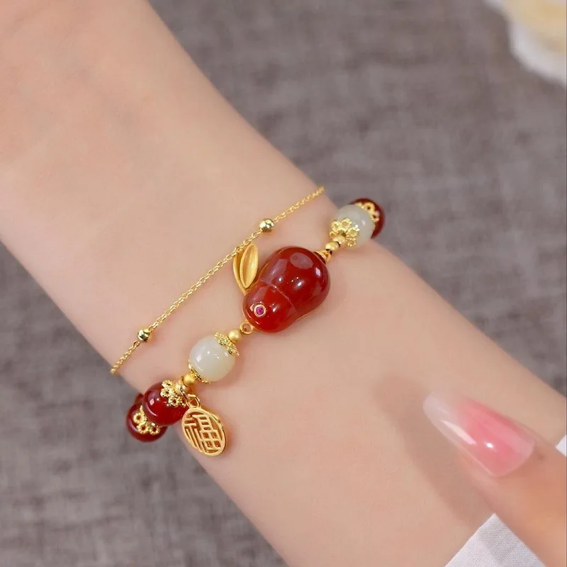 Southern Red tourmaline cute rabbit bracelet for women Natural Hotan Jade Exquisite double bead chain design bangles jewelry image 5