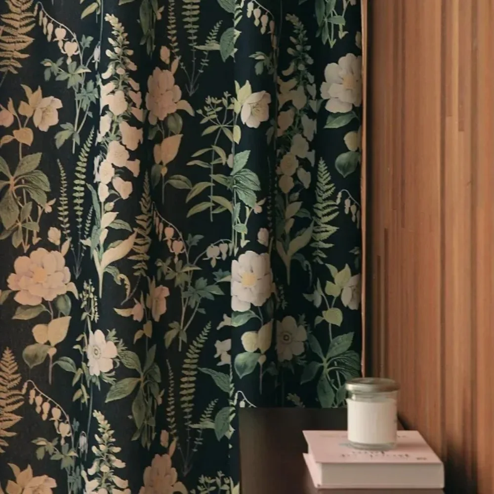 Dark Blue Plant Print Pastoral Style Thickened Blackout Curtains Customized Finished Product for Living Room Bedroom Balcony