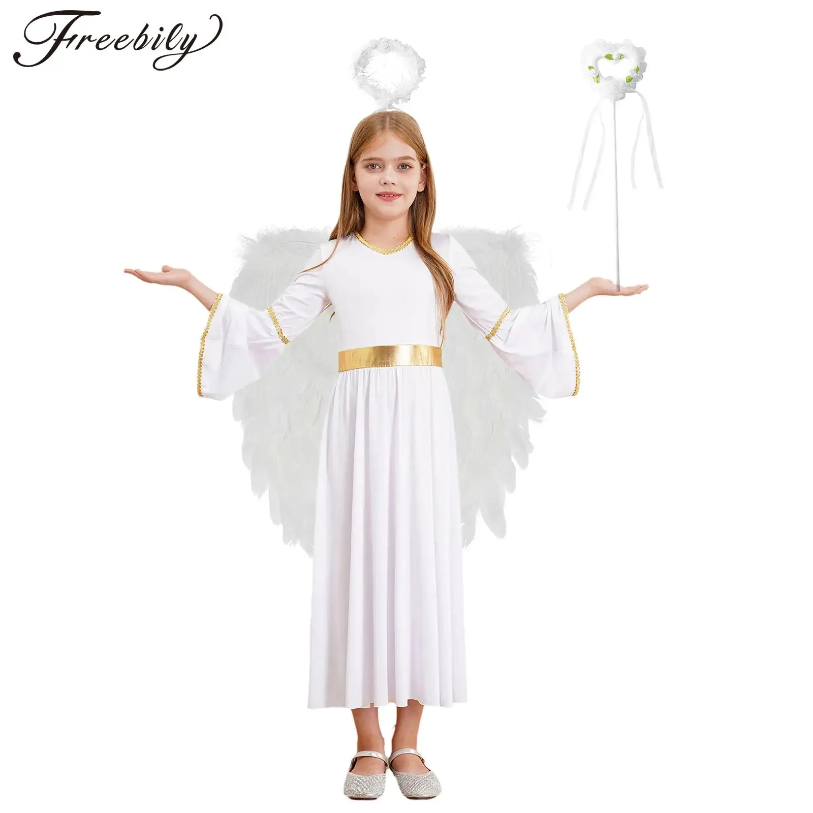 Girls Halloween Angel Devil Cosplay Costume Long Sleeve Dress with Feather Wings Headband for Theme Party Carnival Photography