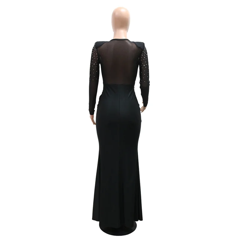 Women Long Sleeve Sexy See Through Mesh Patchwork Diamonds Maxi Evening Party Dresses Black Bodycon Rhinestone Night Club Dress