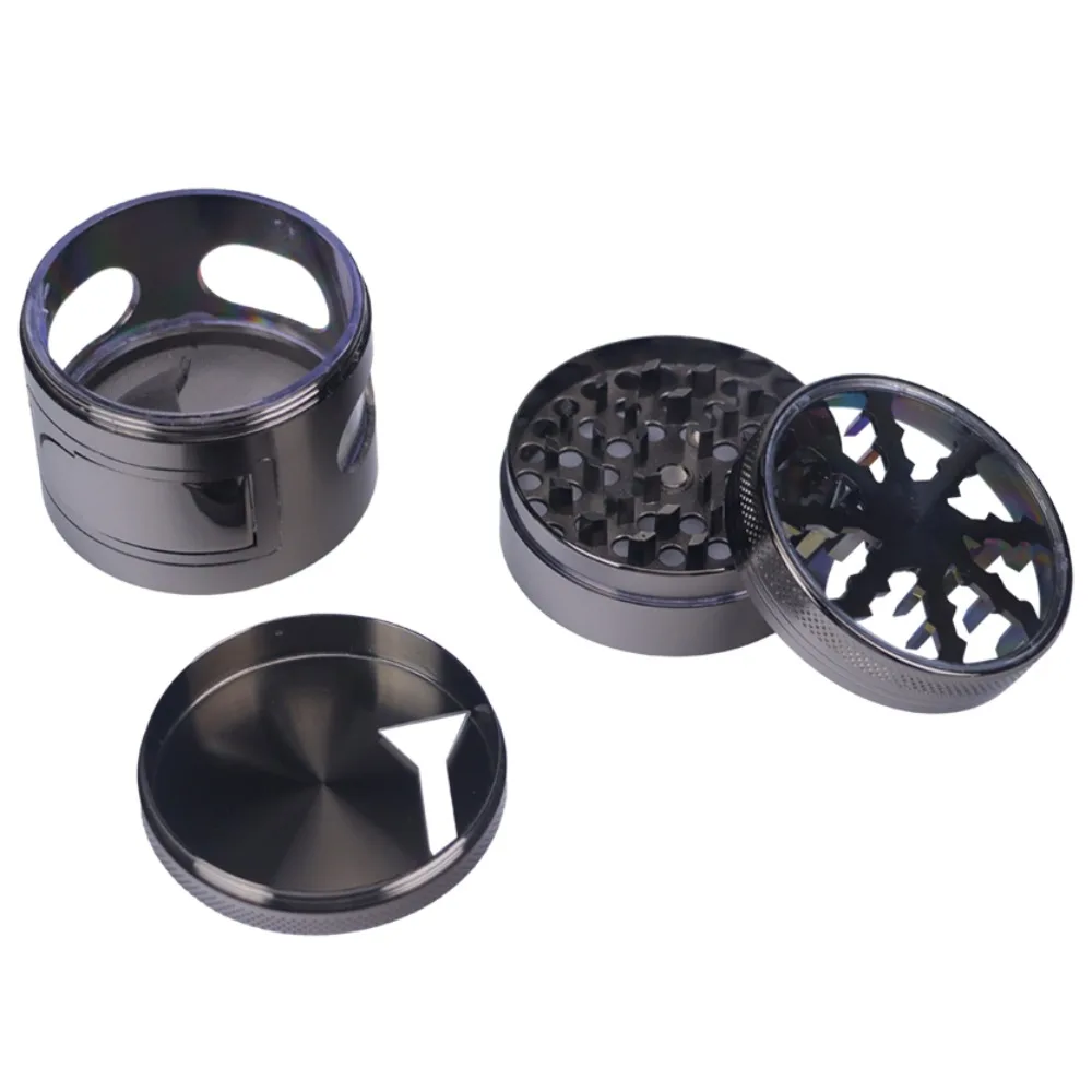 60mm 4 Layers Zinc Alloy Herb Grinder Gun Gray With Clear Window Drawer Design Manual Tobacco Spice Grinder Smoking Accessories