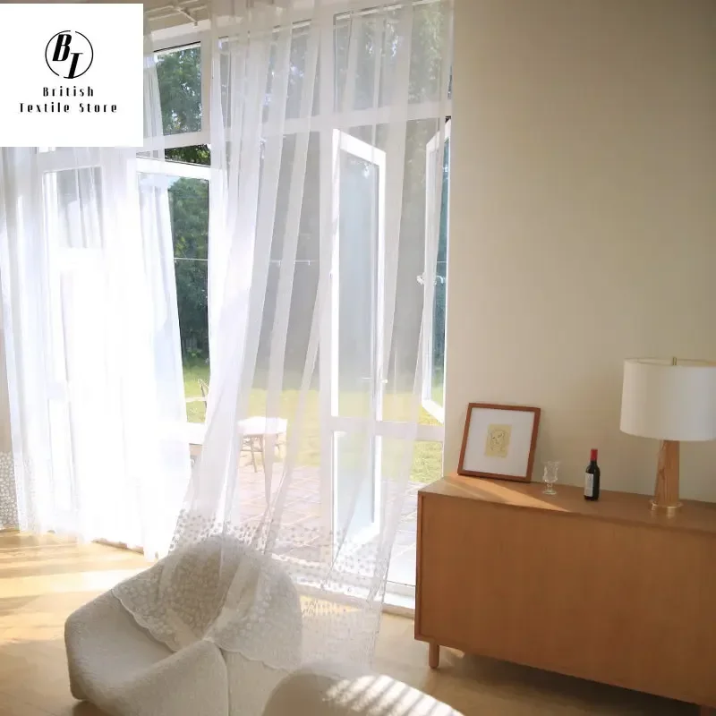 

Modern French Fresh Daisy Embroidery White Tulle Sheer Voile Curtains for Living Room Bedroom Dining Window Drapes Custom Size