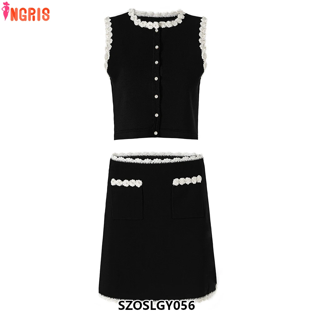 

Summer ladies retro simple sleeveless tops a line mini skirt female knitted 2 piece set-SZOSLGY056