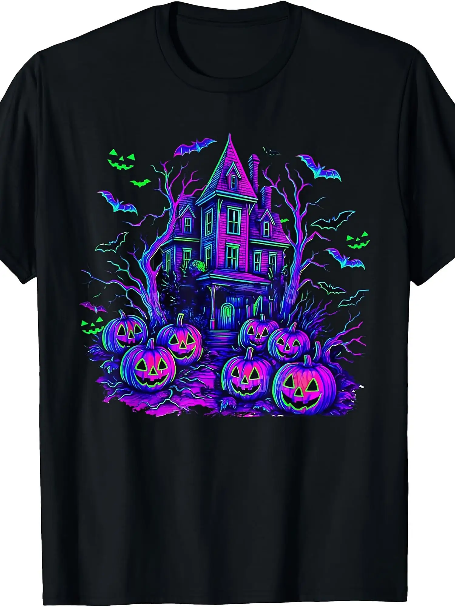 Neon Haunted House Graphic Tee Spooky Retro ShirtUnisex for Daily Wear Funny Christmas Novelty Men's T-Shirt Summer Trendy Streetwear Fashion Top Quality Comfortable Casual Printed T-shirt Pure Cotton