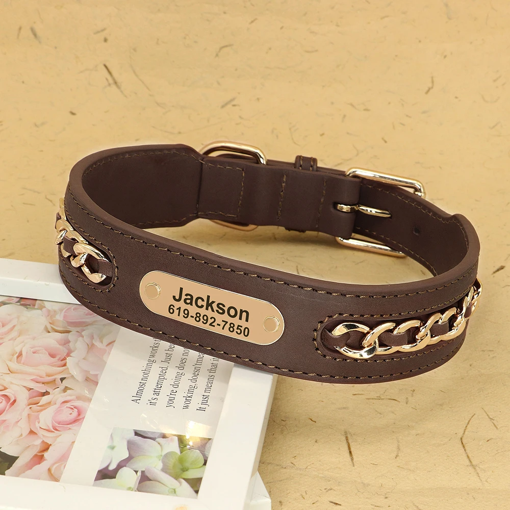 Personalisiertes Hundehalsband aus strapazierfähigem Leder für Hunde mit Anti-Verlust-Namensschild, Kettenzubehör für kleine, mittelgroße und große Hunde – Detail 11