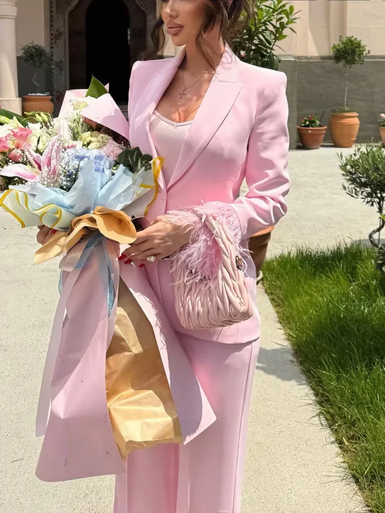 HH – ensemble rose à col rabattu pour femmes, manches longues, Blazer en plumes à simple boutonnage + pantalon Long taille haute avec poches et fermeture éclair