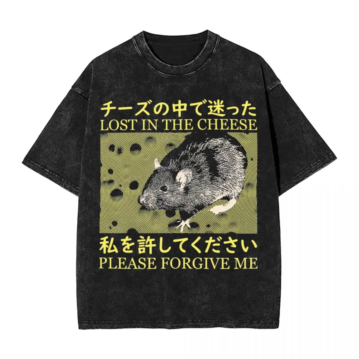 Lost In The Cheese Rat T Shirts Hip Hop Washed Short Sleeve Oversize T-Shirt Retro Men Women Tops Streetwear Printed Tee Shirt