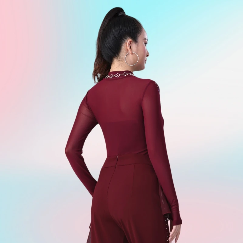 Women's New Arrival Form-Fitting Sexy Mesh Long-Sleeve Bodysuit Modern Dance Latin Dance Costume Ballroom Dance Practice Top
