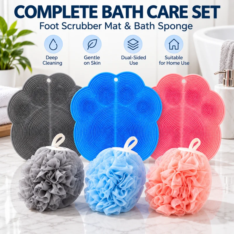 5Pcs Bathroom Massage Mats with Bath Scrubbing Gloves and Elegant Hooks, for Shower Foot Massage and Cleaning, Can Be Used for Foot Scrubbing, Back Scrubbing, and Come with a Hook for Hanging and Storage, Practical Bat