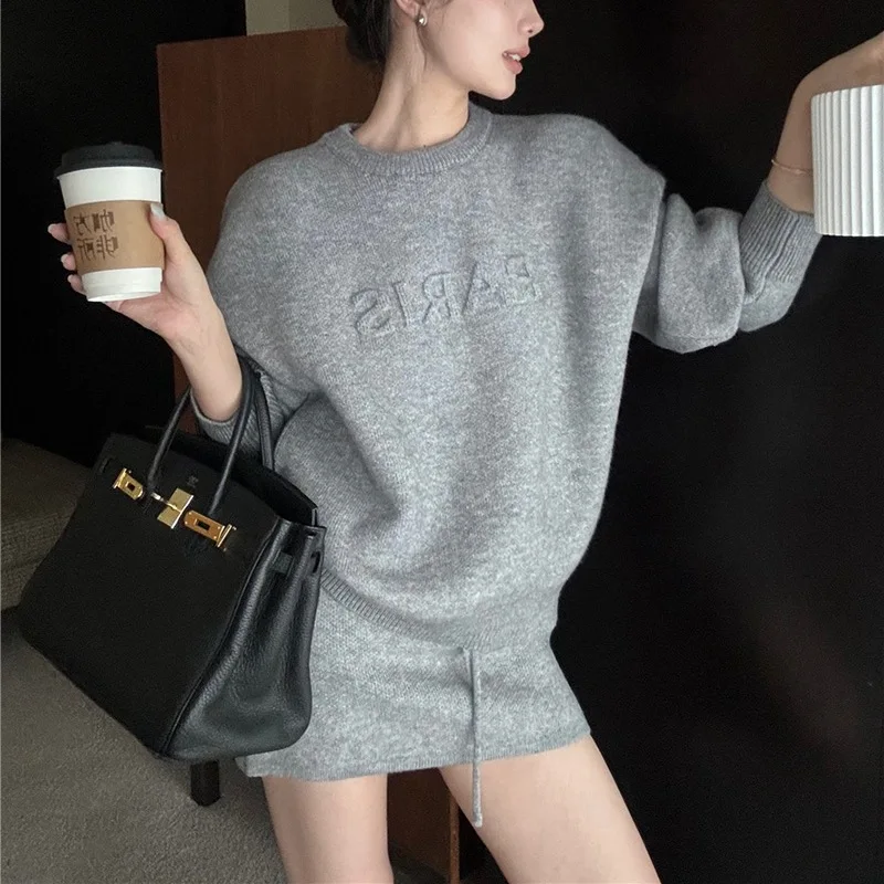 Casual Two-Piece Set Letter Embossed Pullover Outfit Long Sleeve Knit Skirt Set Mini Bodycon Wool Co-Ord For Women Cozy Warm