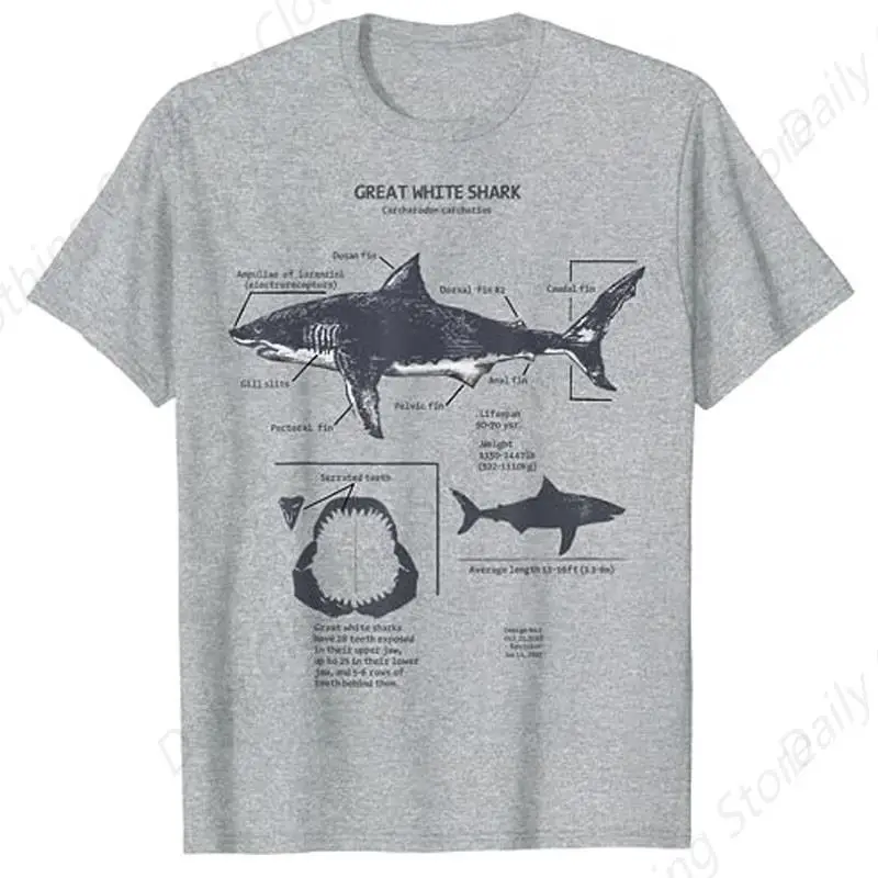 Marine Biologist T-Shirt Nautical, Great White Shark Anatomy, Scientific Illustration, Shark Lover Apparel Fishermen Cotton Tee