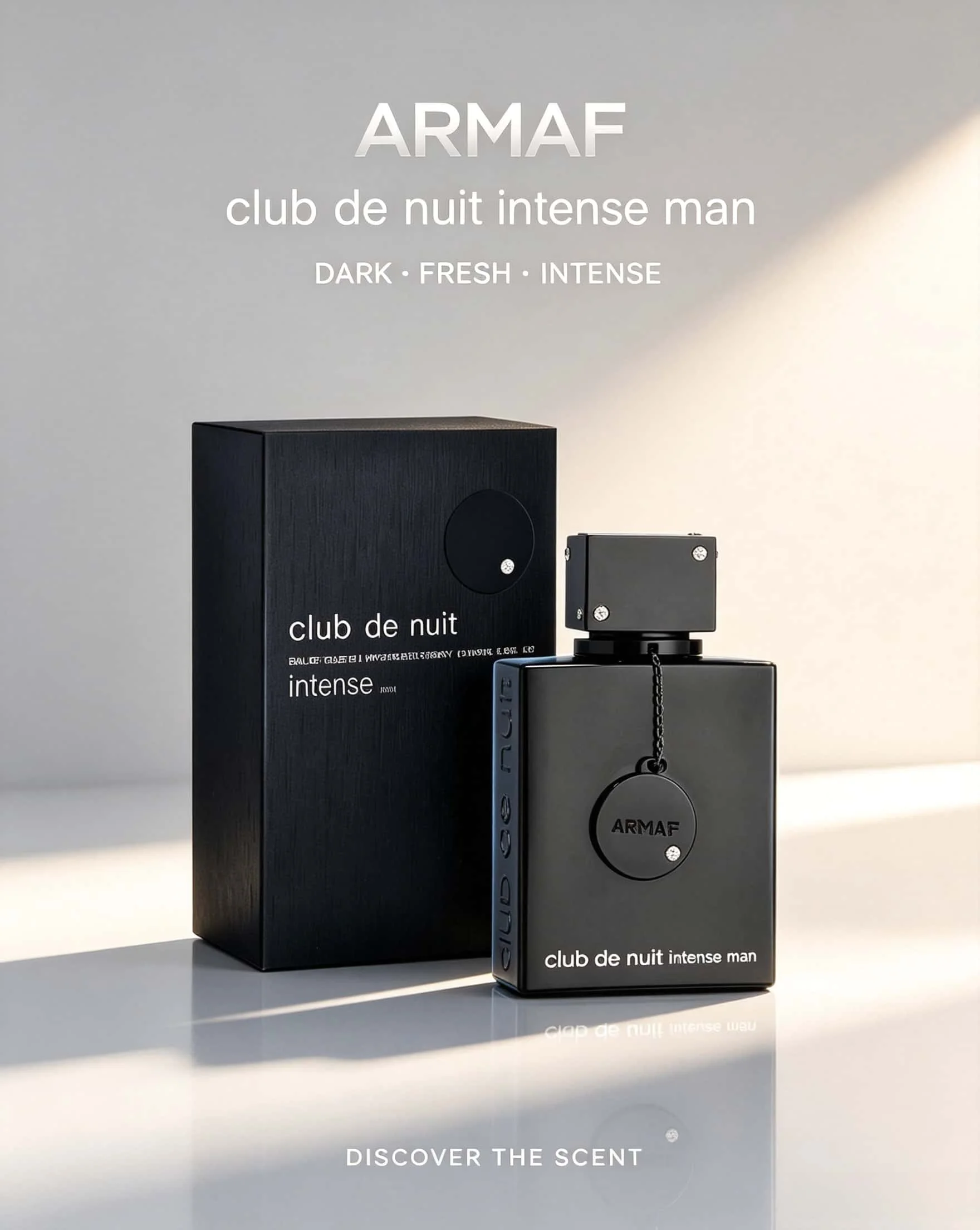 Armaf Club De Nuit Intense Man Eau De Toilette 100ml For Men, Luxury Matte Black Grain Square Perfume Bottle With Decorative Chain Medallion, Matching Black Packaging Box, Rich Woody Fruity Musk Scent For Night Event & Gifting