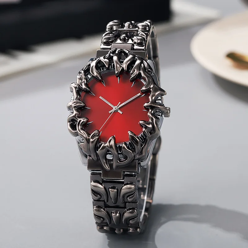 Vintage Flame Bezel Punk Quartz Watch Men Women Matte Black Steel Band Analog Wristwatch Street Fashion Matching Couple Watches